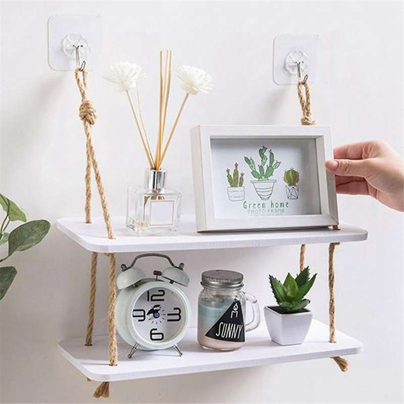 2PCS Storage Rack Decorative Wall Shelf Wall Hook Wooden Shelf Kitchen Storage Organization Storage