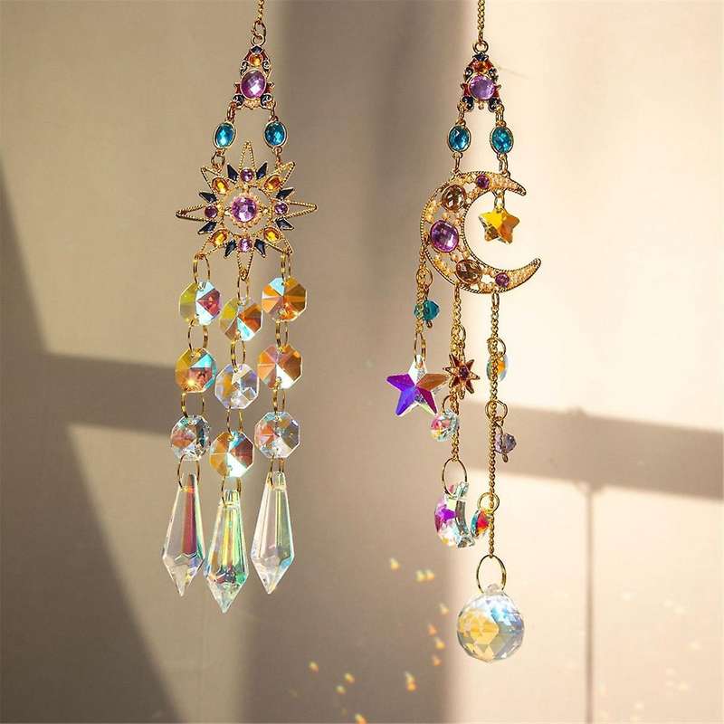 2PCS Suncatcher Crystal Pendant Sun Moon Window Prisms Rainbow Vintage Wind Chimes Hanging Light Cat