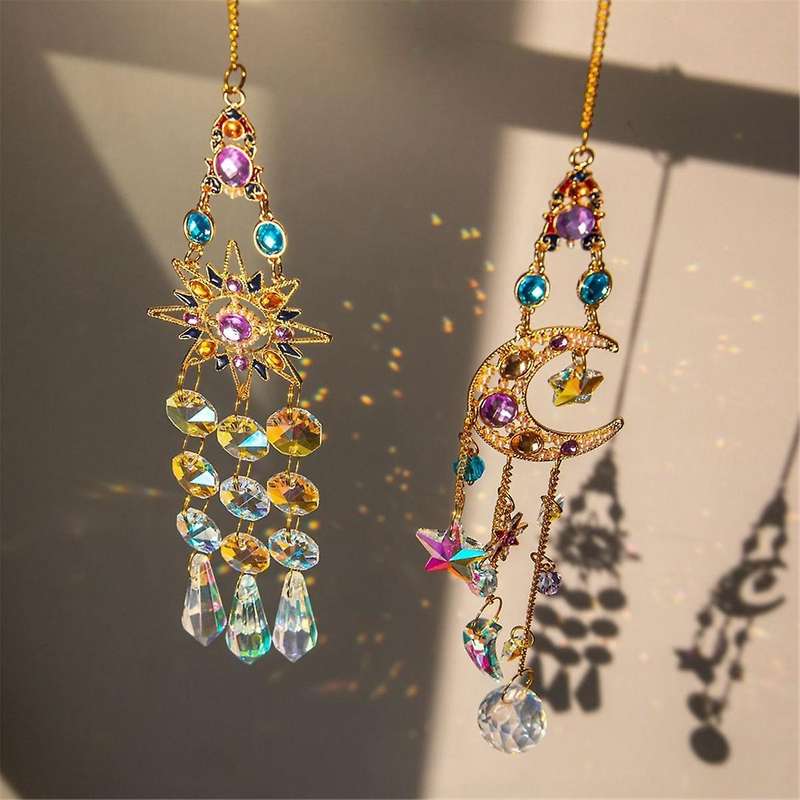 2PCS Suncatcher Crystal Pendant Sun Moon Window Prisms Rainbow Vintage Wind Chimes Hanging Light Cat