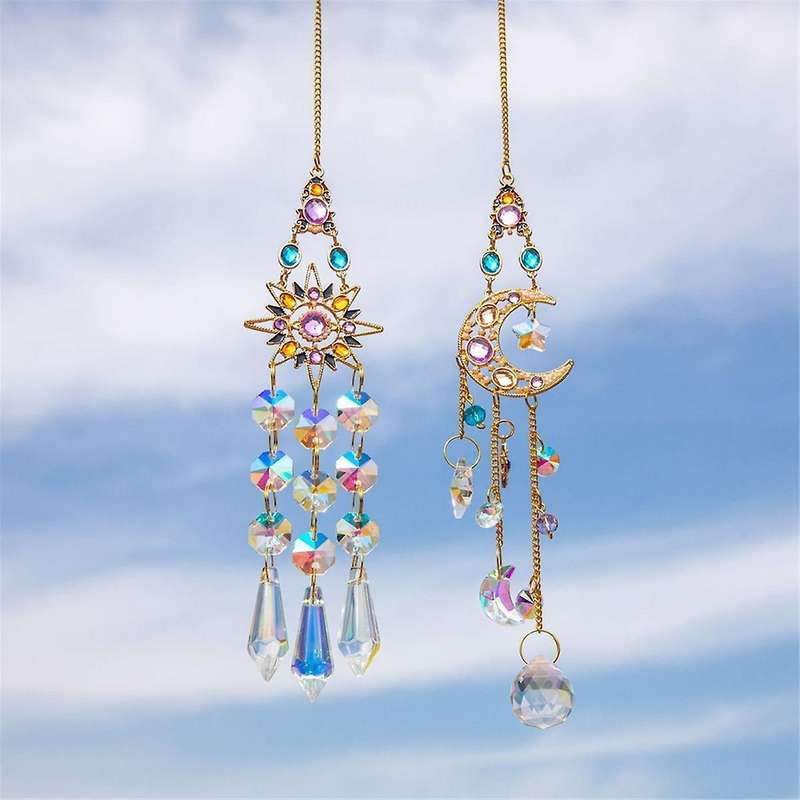 2PCS Suncatcher Crystal Pendant Sun Moon Window Prisms Rainbow Vintage Wind Chimes Hanging Light Cat