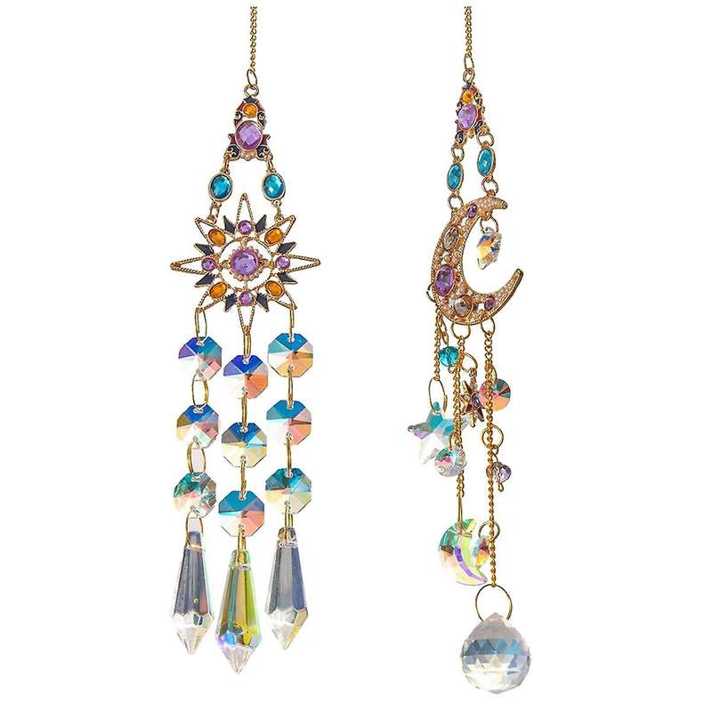2PCS Suncatcher Crystal Pendant Sun Moon Window Prisms Rainbow Vintage Wind Chimes Hanging Light Cat