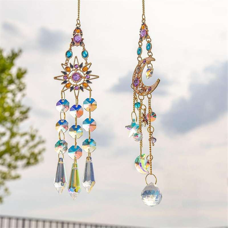 2PCS Suncatcher Crystal Pendant Sun Moon Window Prisms Rainbow Vintage Wind Chimes Hanging Light Cat