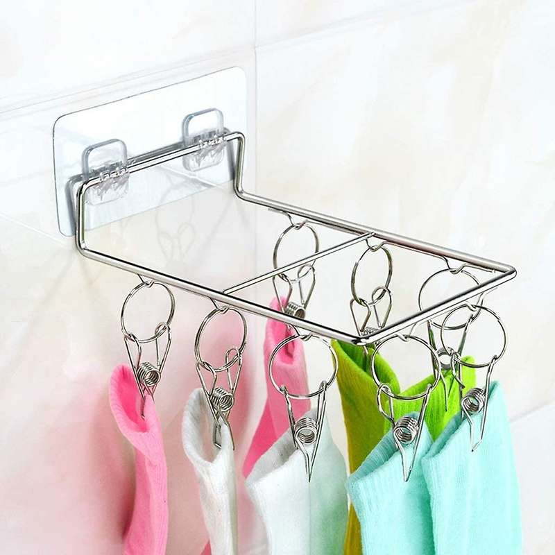 2Pcs Wall-Mounted Stainless Steel Clothespin Drying Rack with 8/10 Clip for Hats, Socks, Underwear,