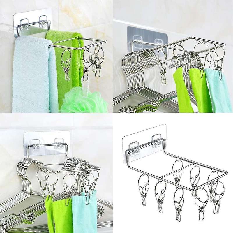 2Pcs Wall-Mounted Stainless Steel Clothespin Drying Rack with 8/10 Clip for Hats, Socks, Underwear,