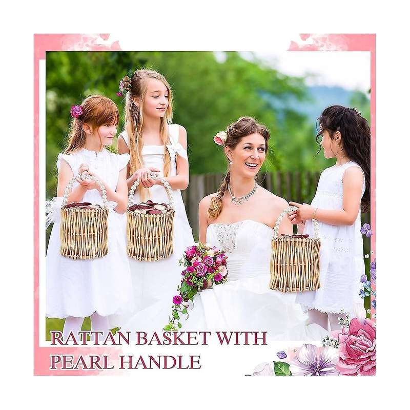 2pcs Wicker Wedding Flower Girl Baskets Pearl Wicker Rattan Handwoven Basket Wicker Basket with Hand