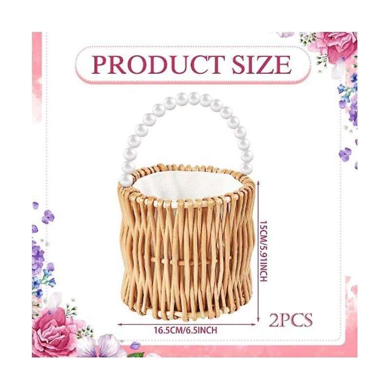 2pcs Wicker Wedding Flower Girl Baskets Pearl Wicker Rattan Handwoven Basket Wicker Basket with Hand