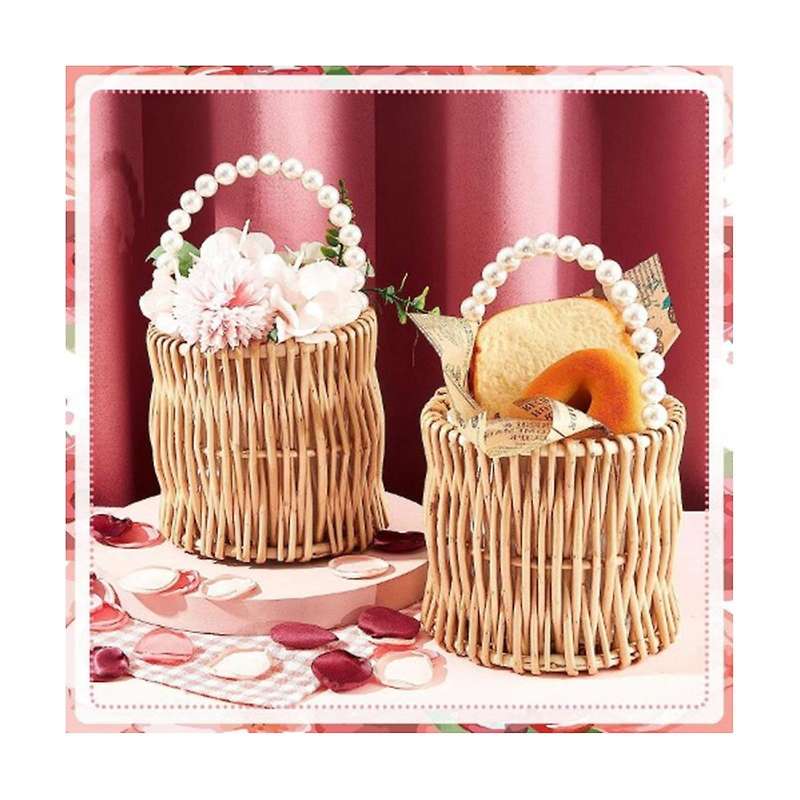 2pcs Wicker Wedding Flower Girl Baskets Pearl Wicker Rattan Handwoven Basket Wicker Basket with Hand