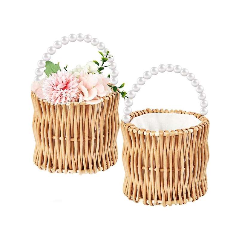 2pcs Wicker Wedding Flower Girl Baskets Pearl Wicker Rattan Handwoven Basket Wicker Basket with Hand