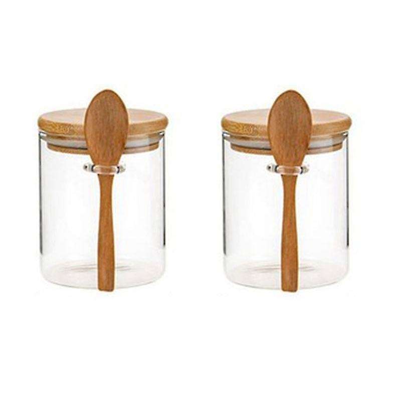 2pcs with Bamboo Lid and Spoon Clear Glass Canister for Kitchen Storag