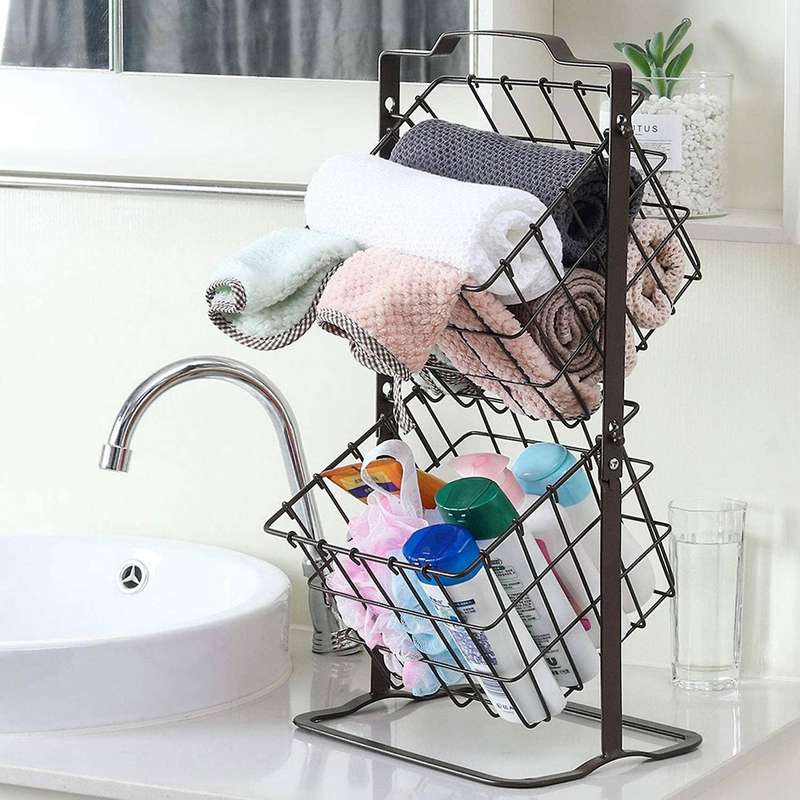 2-Tier Storage Shelf Metal Storage Basket Fruit Vegetable Toiletries Organizer Household Market Bask