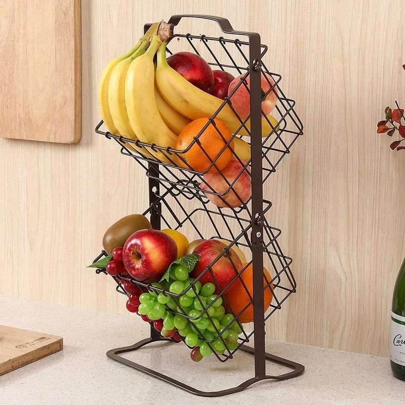 2-Tier Storage Shelf Metal Storage Basket Fruit Vegetable Toiletries Organizer Household Market Bask