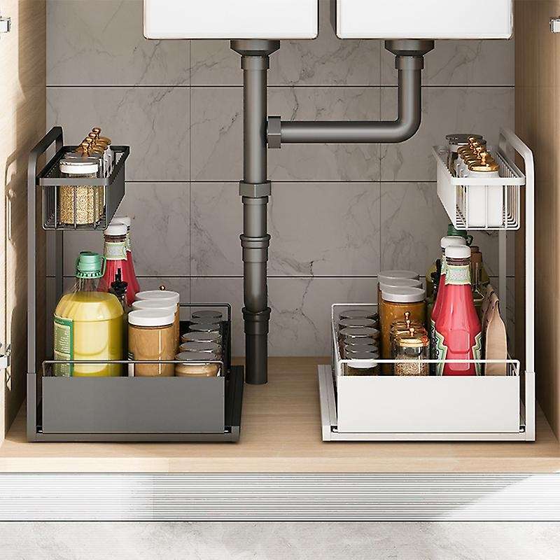 2-Tier Slide Rail Kitchen Spice Organizer Wire Basket Storage Container, Bathroom Countertop Organi