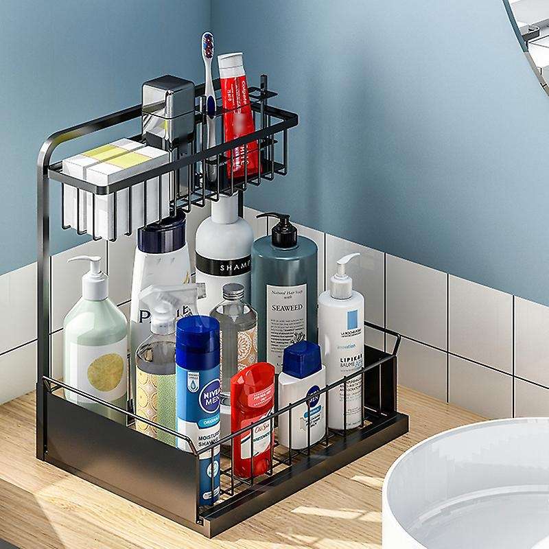 2-Tier Slide Rail Kitchen Spice Organizer Wire Basket Storage Container, Bathroom Countertop Organi