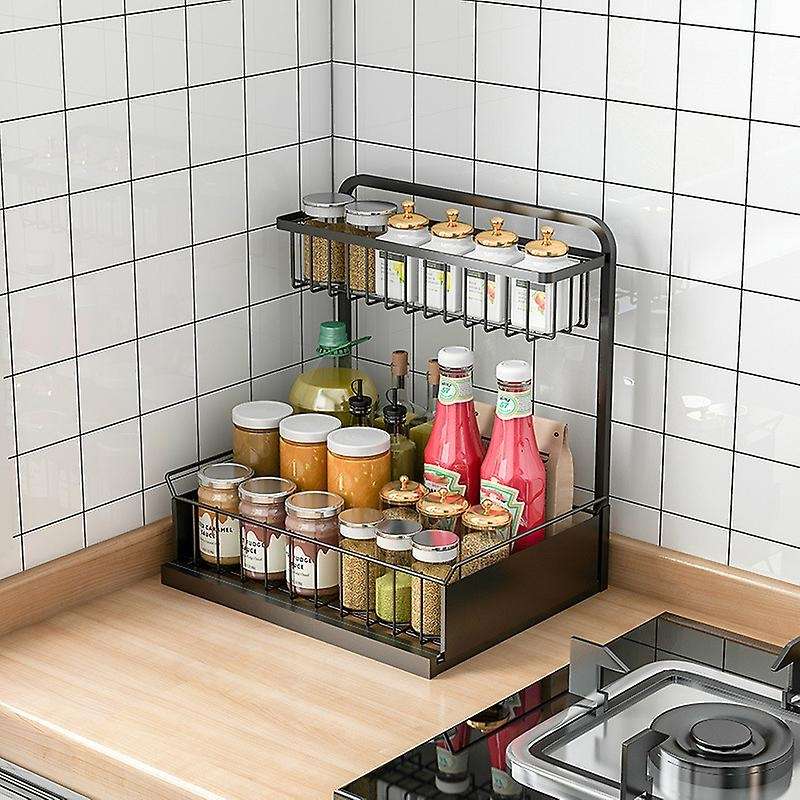 2-Tier Slide Rail Kitchen Spice Organizer Wire Basket Storage Container, Bathroom Countertop Organi