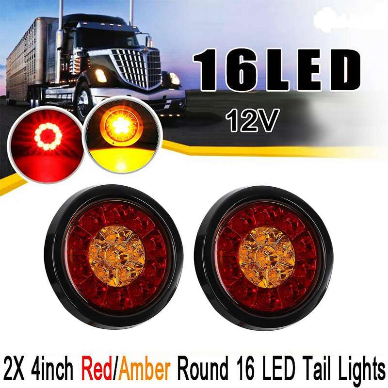 2X 4Inch Round 16 LED DC 12V Truck Trailer Tail Brake Waterproof Stop Light Turn Signal Lights Amber