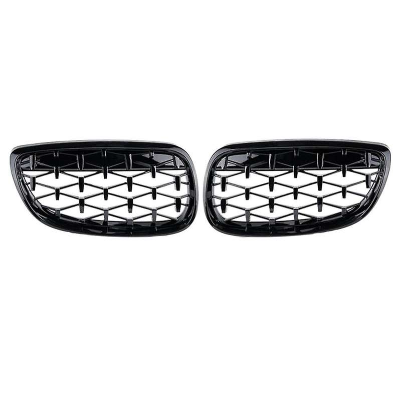 2X Car Front Bumper Hood Kidney Grille Diamond Meteor Racing Grill Glossy Black for - 3 Series E92 E