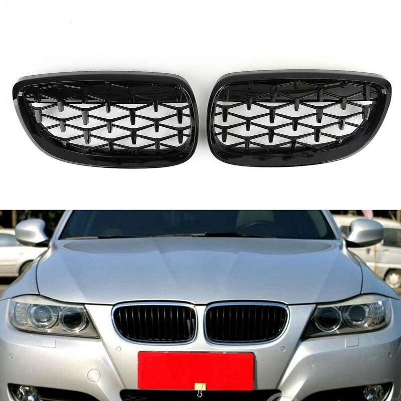 2X Car Front Bumper Hood Kidney Grille Diamond Meteor Racing Grill Glossy Black for - 3 Series E92 E