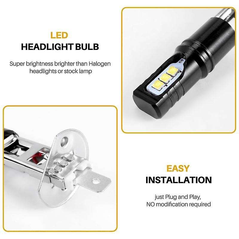 2X H1 6000K Super White 6000LM DRL LED Headlight Bulb Kit High-Beam
