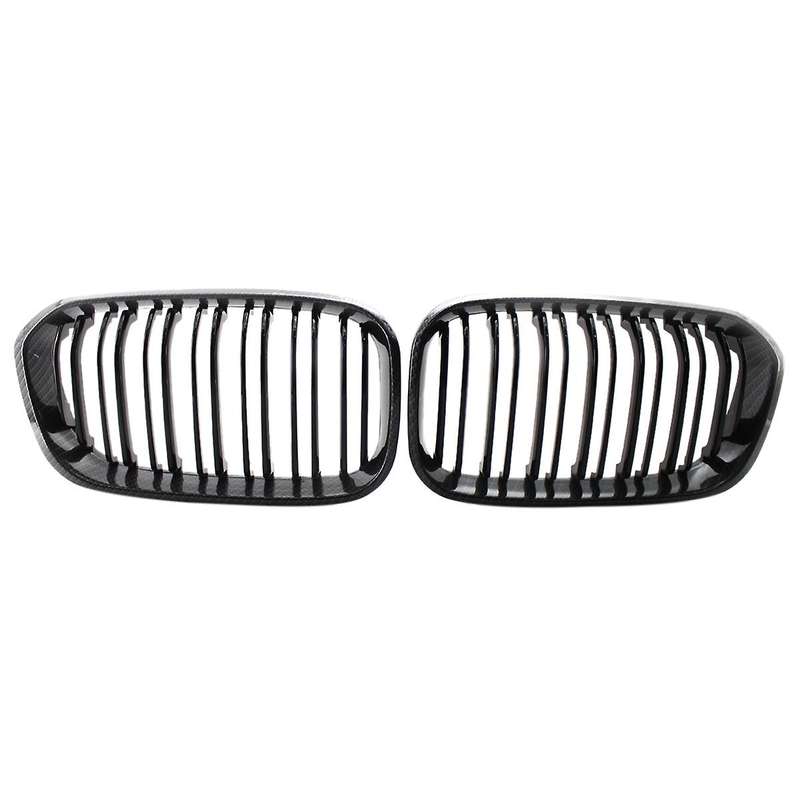 2X Glossy Black Carbon Fiber Front Grill Double Line Kidney Grille for F20 1 SERIES 2015-2017
