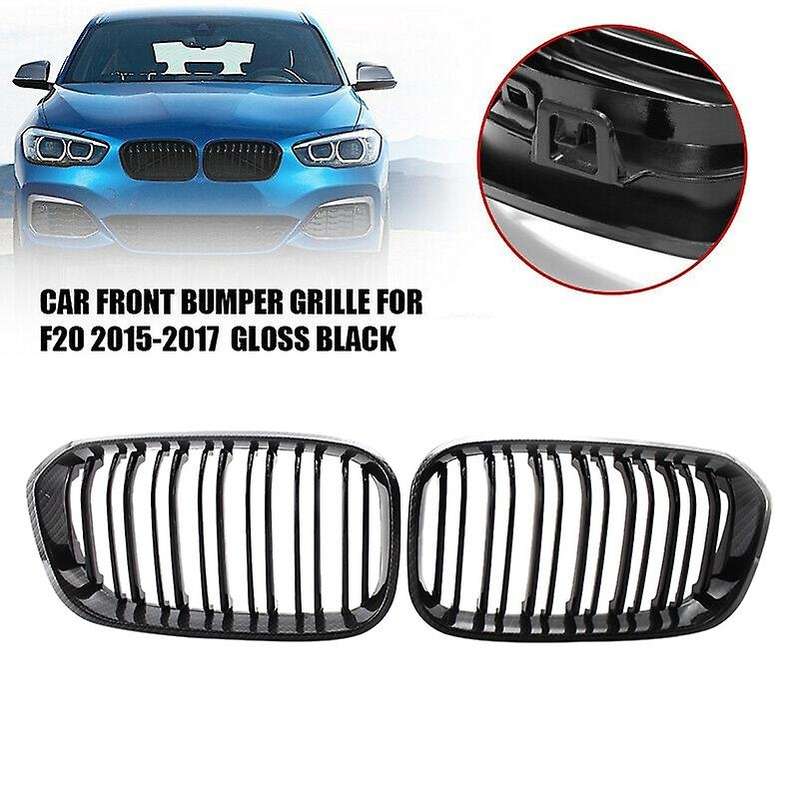 2X Glossy Black Carbon Fiber Front Grill Double Line Kidney Grille for F20 1 SERIES 2015-2017