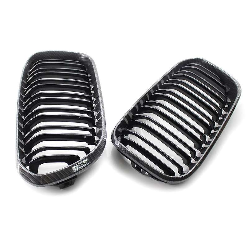 2X Glossy Black Carbon Fiber Front Grill Double Line Kidney Grille for F20 1 SERIES 2015-2017