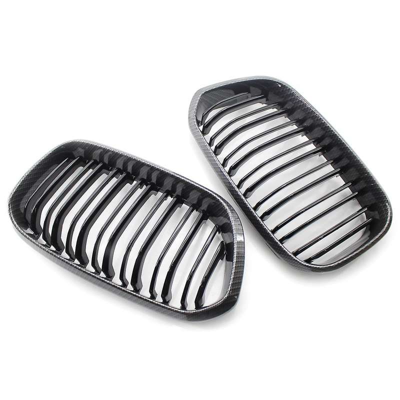 2X Glossy Black Carbon Fiber Front Grill Double Line Kidney Grille for F20 1 SERIES 2015-2017