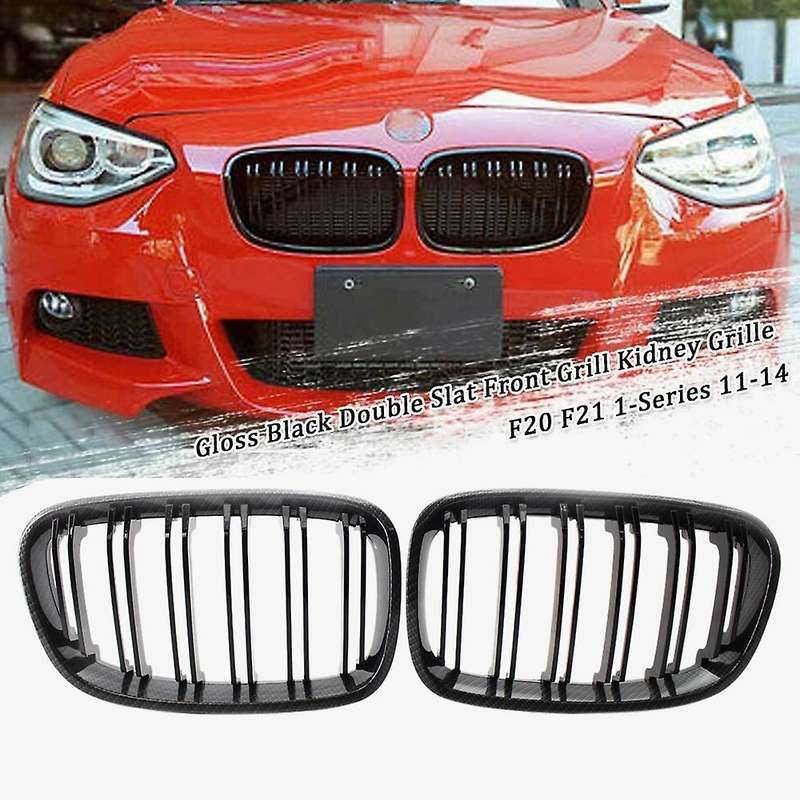 2X Glossy Black Carbon Fiber Front Grill Double Line Kidney Grille FOR F20 1-SERIES 2011-2015