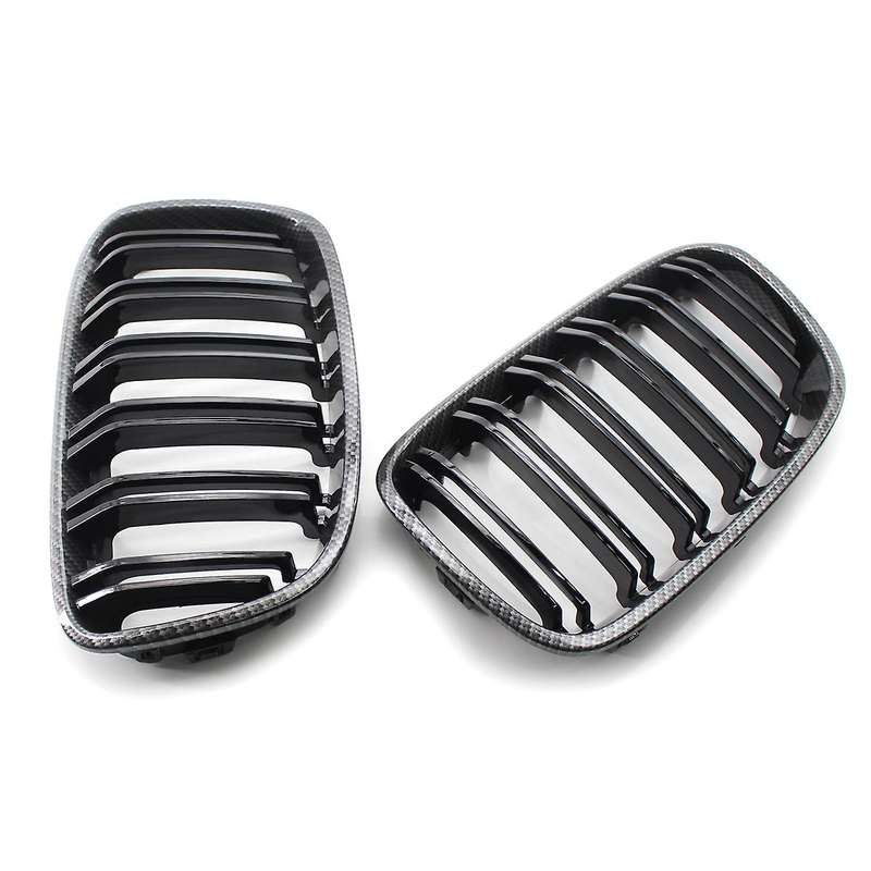 2X Glossy Black Carbon Fiber Front Grill Double Line Kidney Grille FOR F20 1-SERIES 2011-2015