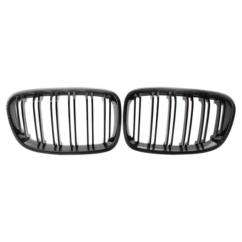 2X Glossy Black Carbon Fiber Front Grill Double Line Kidney Grille FOR F20 1-SERIES 2011-2015