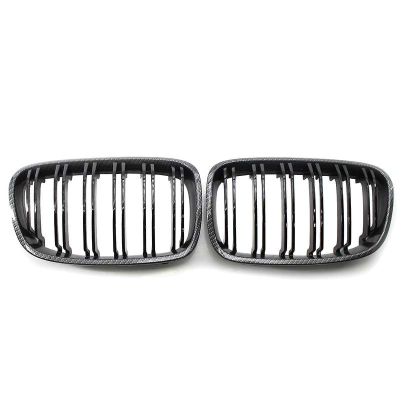 2X Glossy Black Carbon Fiber Front Grill Double Line Kidney Grille FOR F20 1-SERIES 2011-2015