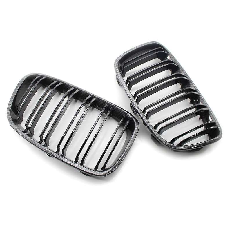 2X Glossy Black Carbon Fiber Front Grill Double Line Kidney Grille FOR F20 1-SERIES 2011-2015