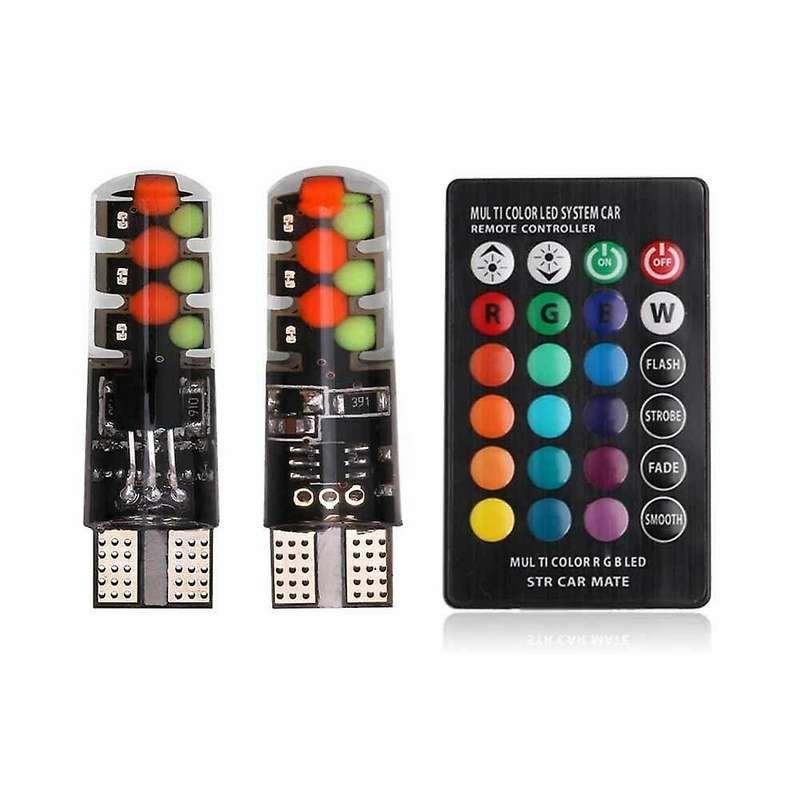2X T10 5050 W5W 6 SMD Remote Control RGB LED Car Dome Reading Lights Lamp Bulb