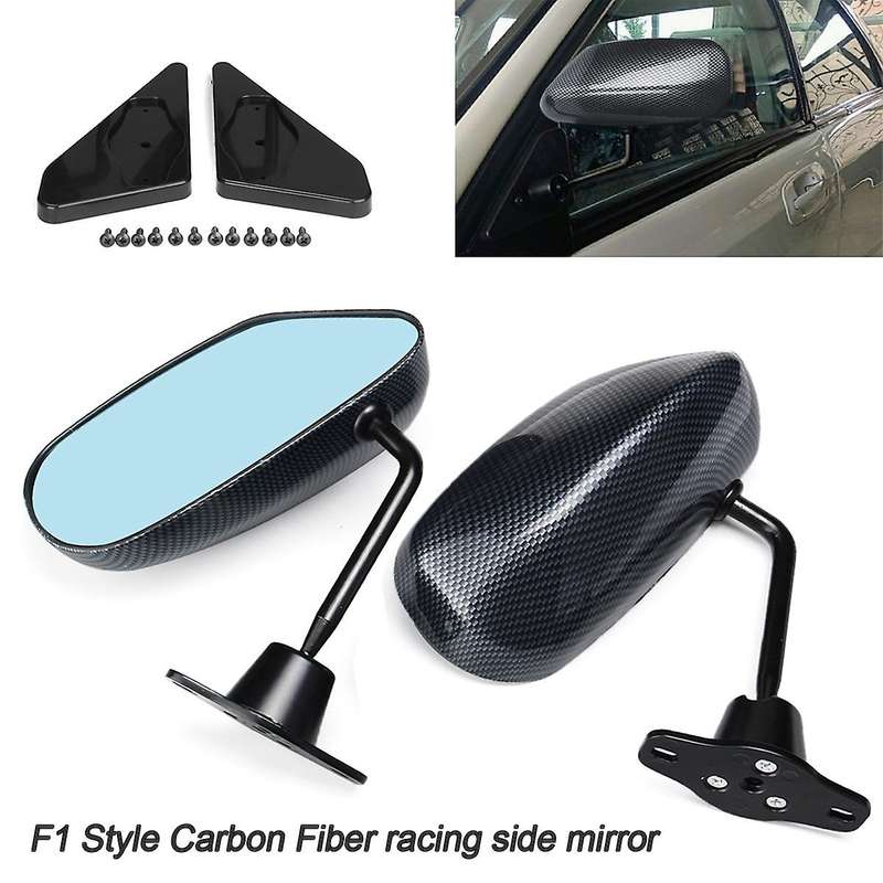 2X Universal Car Carbon Fiber Autos Blue Rear View Mirror F1 Carbon Look Racing Side Mirror Glass &