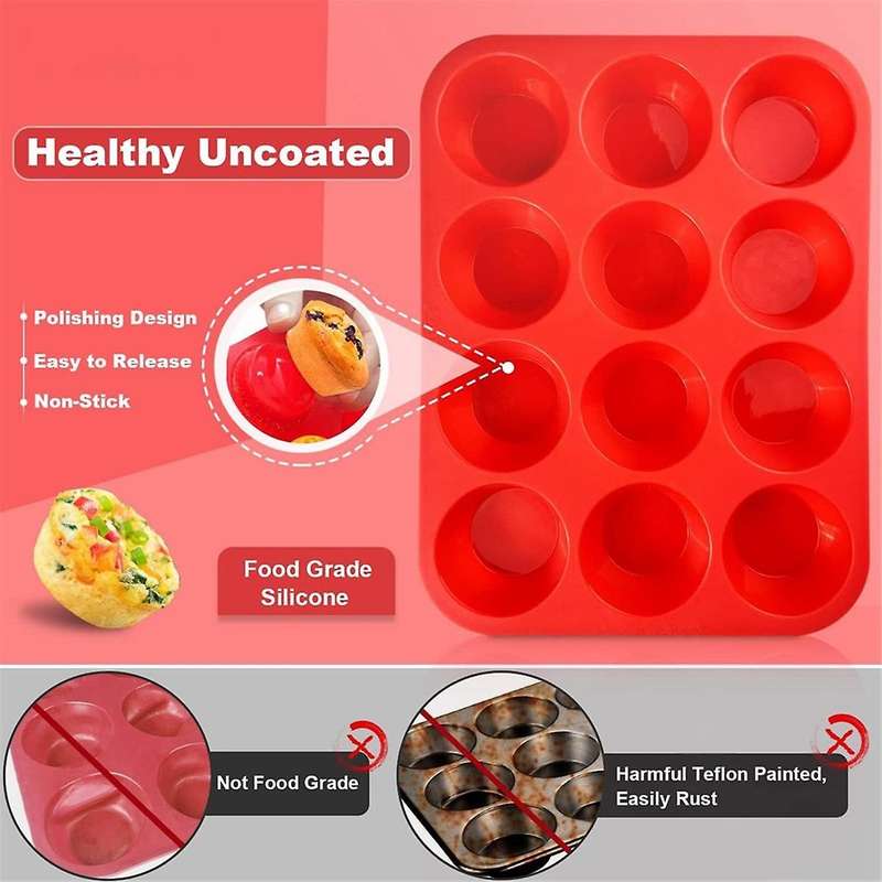 2x12 Cups Regular Silicone Cupcake Pan, Non-Stick Silicone Perfect for Making Waffles, Cakes, Tarts