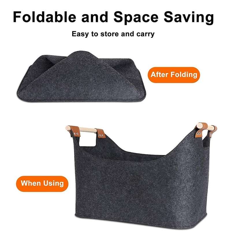 2xstorage Basket Felt, Foldable Storage Bin with Wood Handles, Storage Box for Wood Firewood Winter