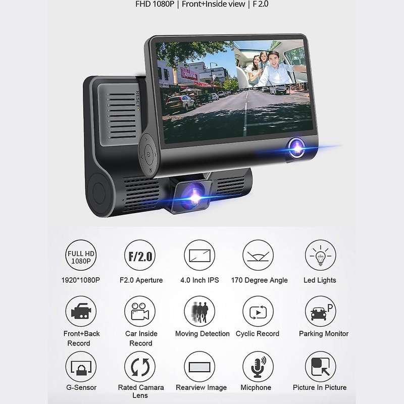 3 Cameras Lens 4.0 Inch Car DVR Camera Recorder FHD 1080P Night Vision Dash Cam Support Rearview Cam