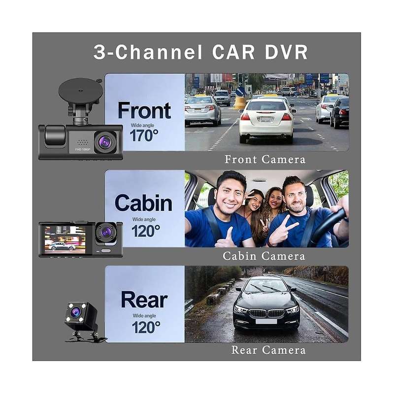 3 Channel Car Dvr Camera , 1080p Dash Camera 3 Way Car Camera with Ir Night Vision, Loop Recording,