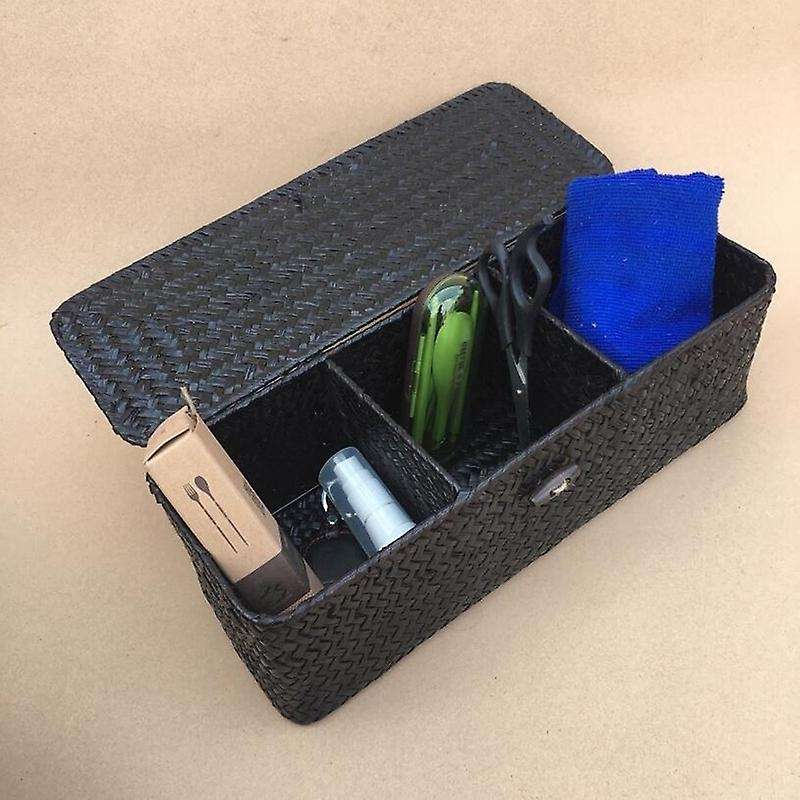 3 Compartment Storage Box Wicker Rattan Basket with Cover Sundries Holder Case Container Desktop Org