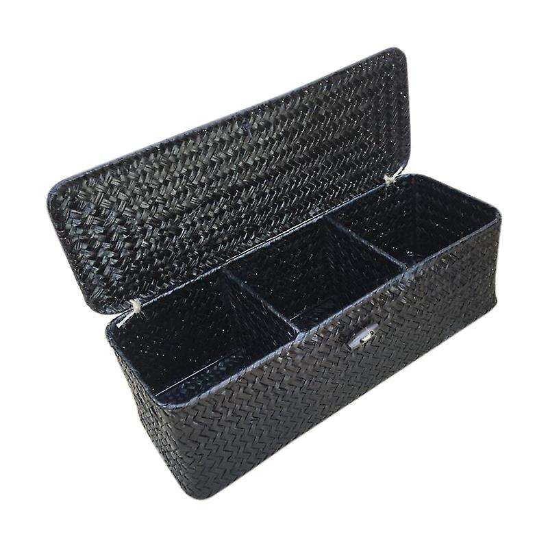 3 Compartment Storage Box Wicker Rattan Basket with Cover Sundries Holder Case Container Desktop Org