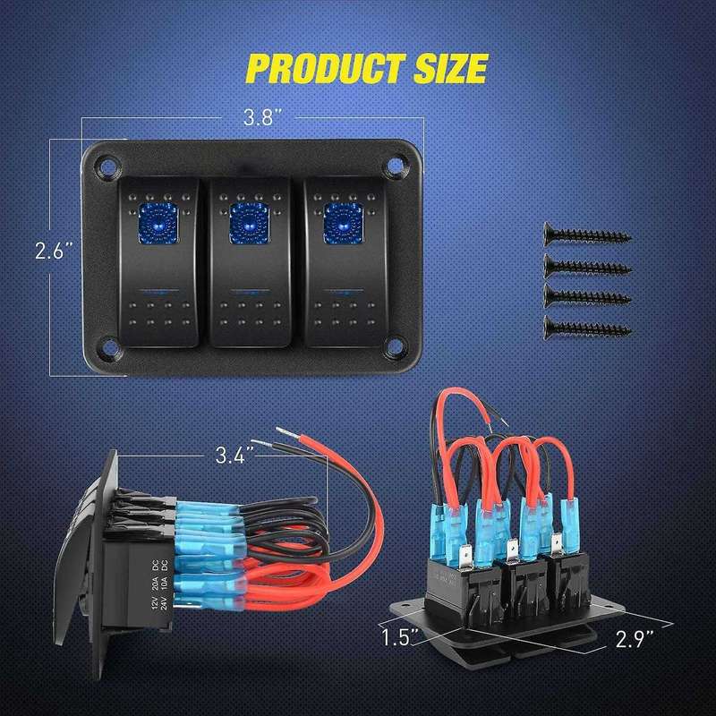 3 Gang Aluminum Panel Toggle Dash 5 Pin ON/Off Pre-Wired Rocker Switch Holder for Automotive Car Mar