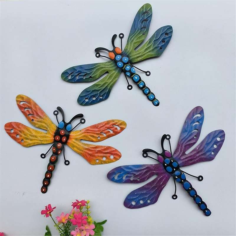 3 Pack Metal Dragonfly Wall Decor, 3d Colorful Dragonfly Wall Art Sculpture Insect Outdoor Indoor De