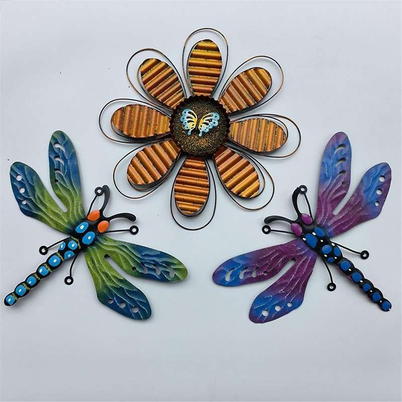 3 Pack Metal Dragonfly Wall Decor, 3d Colorful Dragonfly Wall Art Sculpture Insect Outdoor Indoor De