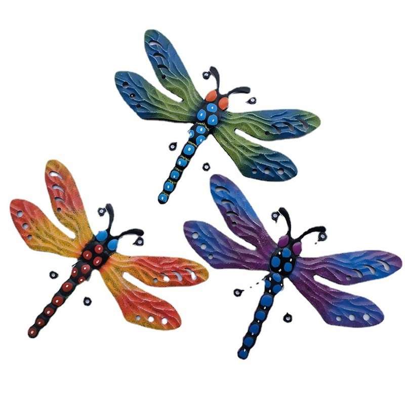 3 Pack Metal Dragonfly Wall Decor, 3d Colorful Dragonfly Wall Art Sculpture Insect Outdoor Indoor De