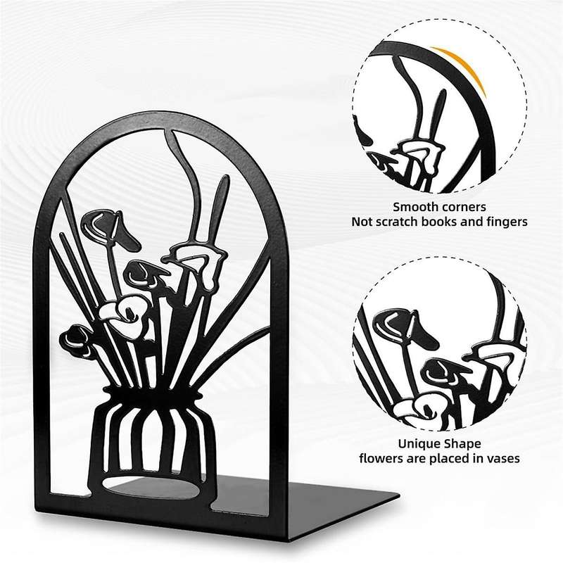 3 Pairs Metal Bookends, Flower Book Ends for Shelves Decorative, Book Stopper for Heavy Books, for H