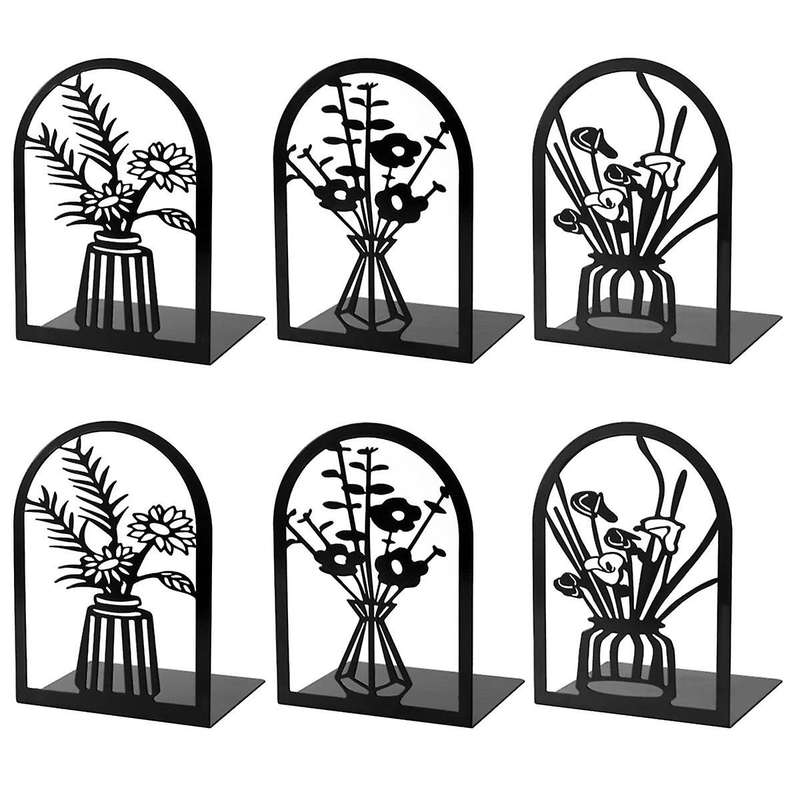 3 Pairs Metal Bookends, Flower Book Ends for Shelves Decorative, Book Stopper for Heavy Books, for H