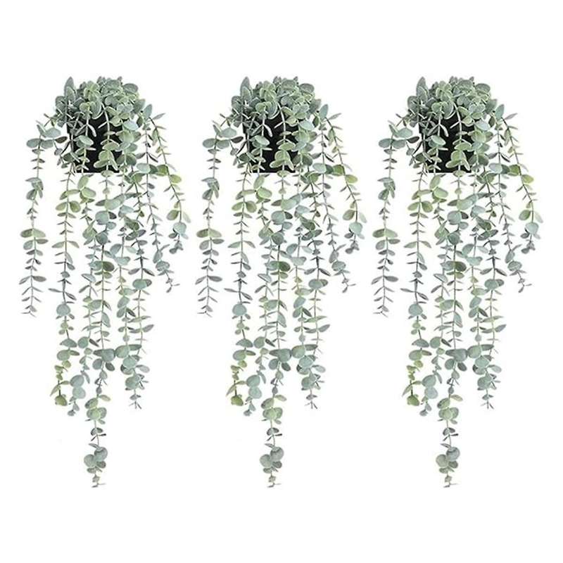 3 Pcs Artificial Hanging Plants Potted Eucalyptus Hanging Plant for Wall Room Home Patio Indoor Outd