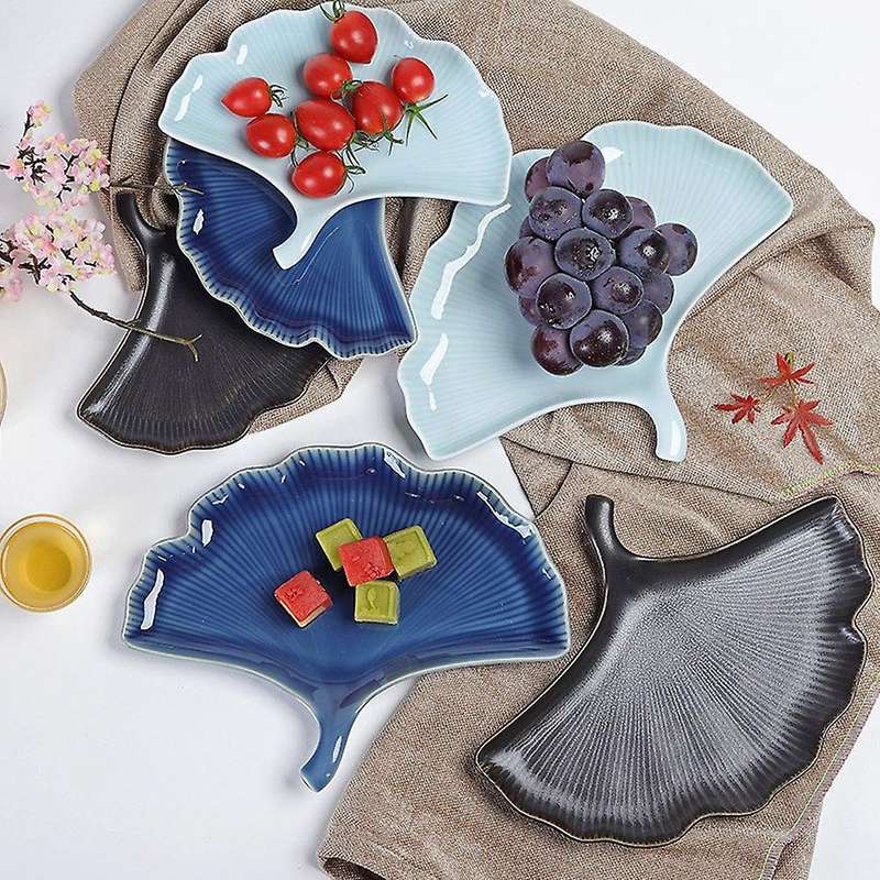 3 Pcs Ceramic Dessert Plates, Porcelain Dishes Ginkgo Leaf Embossed Texture Appetizer Plates Set for