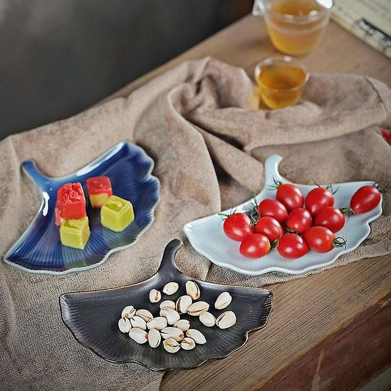 3 Pcs Ceramic Dessert Plates, Porcelain Dishes Ginkgo Leaf Embossed Texture Appetizer Plates Set for