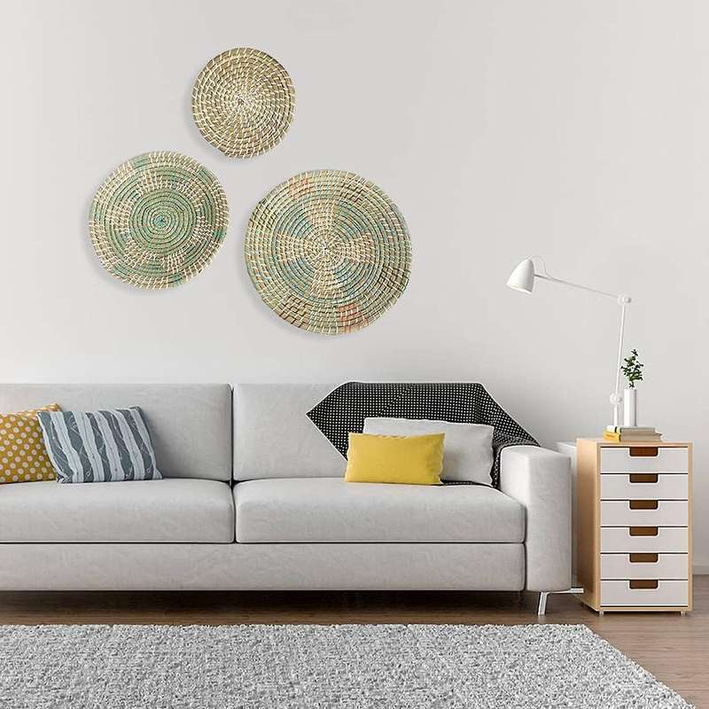 3 PCS Handmade Hanging Wall Basket Decor Round Woven Basket Decor Trays for Bedroom Kitchen Living R