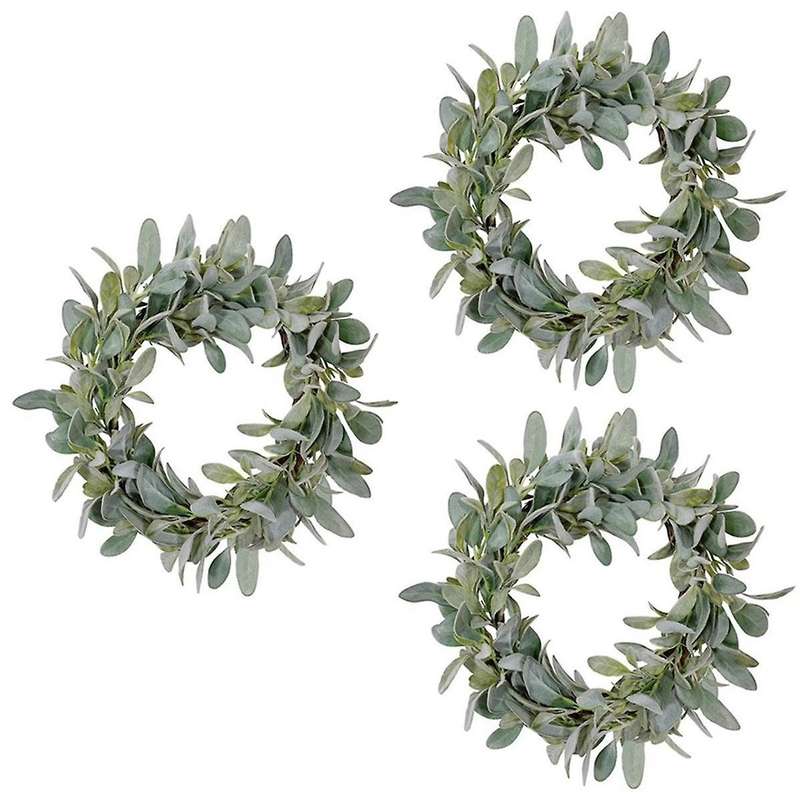 3 Pcs Spring Flocked Lambs Ear Wreath, Year Round Everyday Foliage Wreath On Grapevine Base with Gre